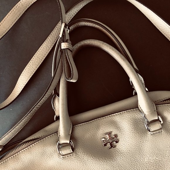 TORY BURCH Leather Double Handle Satchel with Long Detachable Strap Soft Taupe